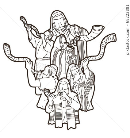 Feast of trumpets.Group of Jewish people blowing the shofar horn cartoon graphic vector 69222881