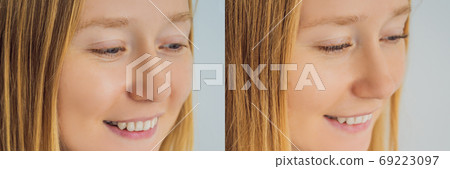 Comparison of female eyes before and after eyelash extension BANNER, LONG FORMAT 69223097