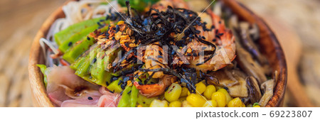 Poke bowl with shrimp, corn, avocado, ginger and mushrooms BANNER, LONG FORMAT 69223807