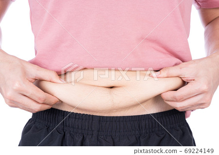 Fat man holding excessive fat belly, overweight fatty belly isolated on over white background. Fat man holding excessive fat belly, overweight fatty belly isolated on over white background. 69224149