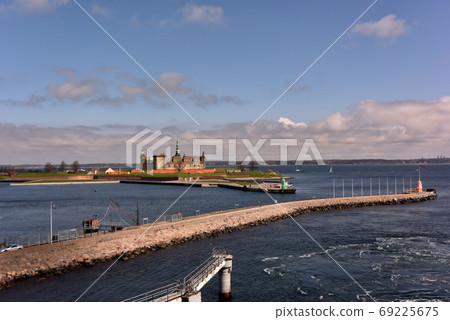 View from ferry to Hamlet Castle, Kronborg Castle, Sweden. 69225675