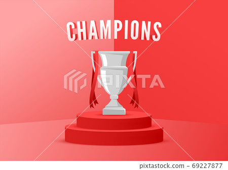 Champion trophy on stage with red background. Champion trophy on stage with red background. 69227877