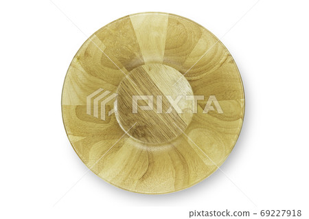 Handmade empty wooden bowl on white isolated background with clipping path in top view flat lay with studio shot for natural design. Wood bowl for salad or soup. Kitchenware concept. 69227918