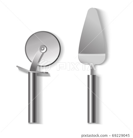 Realistic Detailed 3d Steel Pizza Cutter and Spatula Set. Vector 69229045
