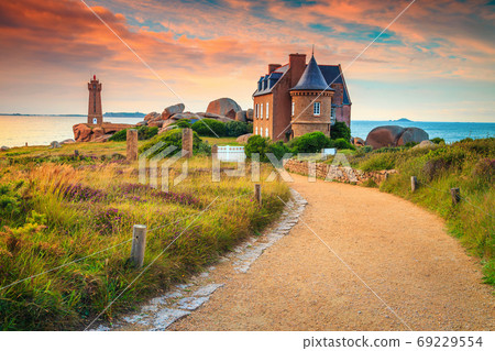 Spectacular walkway and lighthouse in Brittany region, Ploumanach, France, Europe Spectacular walkway and lighthouse in Brittany region, Ploumanach, France, Europe 69229554