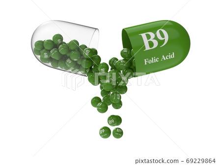 Open capsule with folic acid from which the vitamin composition is pouring Open capsule with folic acid from which the vitamin composition is pouring 69229864