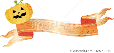 萬聖節南瓜絲帶磁帶複製空間水彩插圖素材 69230940