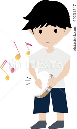 Illustration of a cute kid hitting the tambourine Illustration of a cute kid hitting the tambourine 69231247