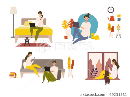 People enjoying autumn holidays at home with PCs and smartphones 69231281