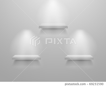 Empty white shelves. Store museum display mockup. Realistic vector interior modern shelf Empty white shelves. Store museum display mockup. Realistic vector interior modern shelf 69231590