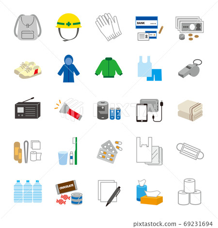 Emergency bring-out disaster prevention essentials simple icon set/color 69231694