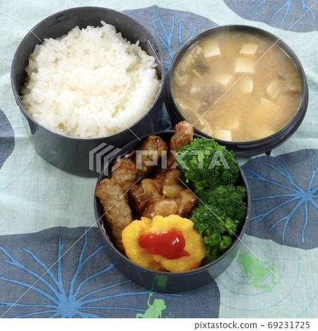 手工午餐配菜,佐以味mis湯和西蘭花和青菜 手工午餐配菜,佐以味mis湯和西蘭花和青菜 69231725