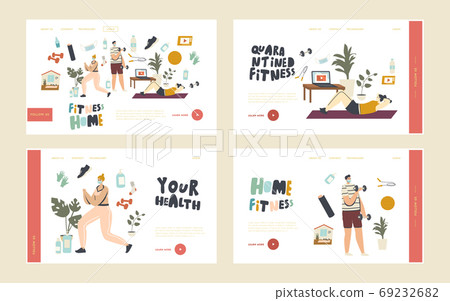 Characters Practicing Fitness at Home at Quarantine Landing Page Template Set. Men and Women Exercise, Sports Lifestyle Characters Practicing Fitness at Home at Quarantine Landing Page Template Set. Men and Women Exercise, Sports Lifestyle 69232682