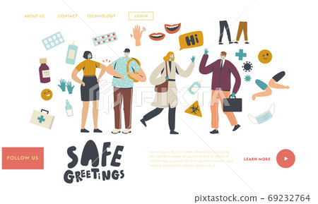 Safe Noncontact Greet Landing Page Template. Friends or Colleagues Characters Alternative Greeting During Coronavirus 69232764