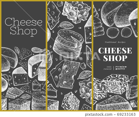 Cheese design template. Hand drawn vector dairy illustration on chalk board. Engraved style different cheese kinds banner. Vintage food background. 69233163