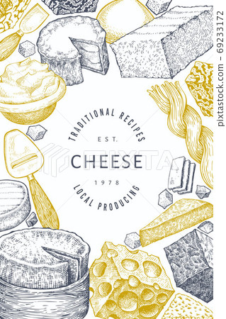 Cheese design template. Hand drawn vector dairy illustration. Engraved style different cheese kinds banner. Retro food background. 69233172