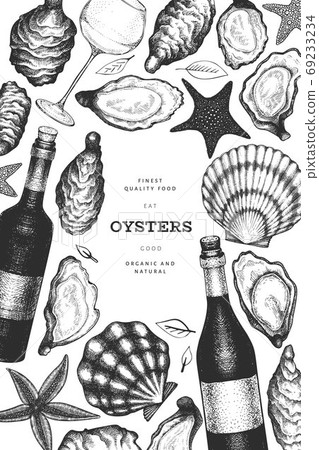 Oysters and wine design template. Hand drawn vector illustration. Seafood banner. Can be used for design menu, packaging, recipes, label, fish market, seafood products. Oysters and wine design template. Hand drawn vector illustration. Seafood banner. Can be used for design menu, packaging, recipes, label, fish market, seafood products. 69233234
