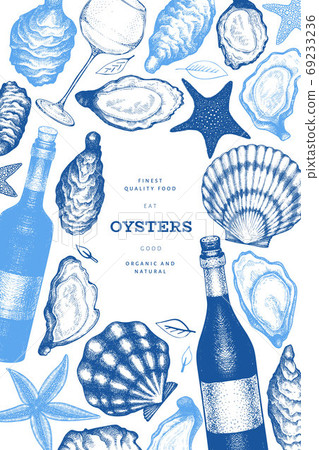 Oysters and wine design template. Hand drawn vector illustration. Seafood banner. Can be used for design menu, packaging, recipes, label, fish market, seafood products. Oysters and wine design template. Hand drawn vector illustration. Seafood banner. Can be used for design menu, packaging, recipes, label, fish market, seafood products. 69233236