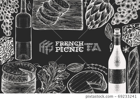 French food illustration design template. Hand drawn vector picnic meal illustrations on chalk board. Engraved style different snack and wine banner. Vintage food background. French food illustration design template. Hand drawn vector picnic meal illustrations on chalk board. Engraved style different snack and wine banner. Vintage food background. 69233241