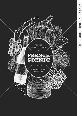 French food illustration design template. Hand drawn vector picnic meal illustrations on chalk board. Engraved style different snack and wine banner. Vintage food background. French food illustration design template. Hand drawn vector picnic meal illustrations on chalk board. Engraved style different snack and wine banner. Vintage food background. 69233246