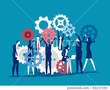 Lots of people working with gears. Rotating them and making mech 69233389