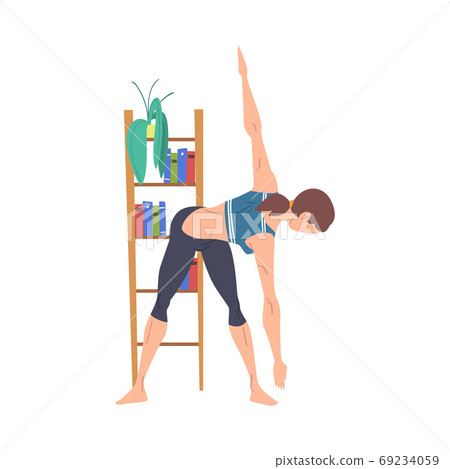 Young Woman Doing Sports at Home, Physical Activity and Healthy Lifestyle Concept, Stay Home, Keep Fit and Positive Cartoon Style Vector Illustration 69234059