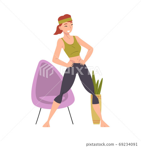 Young Woman Doing Morning Workout Indoor, Physical Activity and Healthy Lifestyle Concept, Stay Home, Keep Fit and Positive Cartoon Style Vector Illustration 69234091