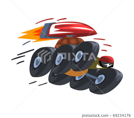 Fast Turtle on Wheels, Tortoise Animal Cartoon Character with Jetpack Vector Illustration on White Background. 69234176