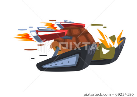 Fast Turtle, Cyborg Animal Cartoon Character with Turbo Speed Booster and Fire Vector Illustration on White Background 69234180