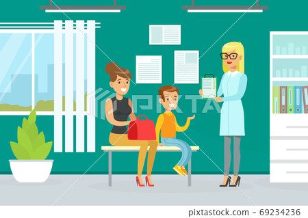 Mother and Son Visiting Doctor Together for Checkup at Pediatrician Office, Doctor Woman Doing Medical Examination of Kid, Medical Service Concept Vector Illustration 69234236