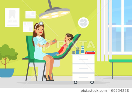 Pediatric Dentist Examining and Treating Boy Tooth, Doctor Woman Doing Medical Examination of Kid, Medical Service Concept Vector Illustration 69234238