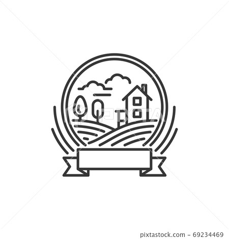 Landscape Icon. Hill with Home and Trees. Line... - Stock Illustration ...
