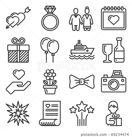 Wedding and Honeymoon Icons Set on White Background. Line Style Vector 69234474