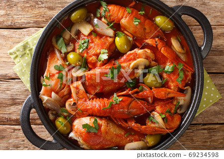 French food Chicken Marengo with crayfish, mushrooms, olives, to 69234598