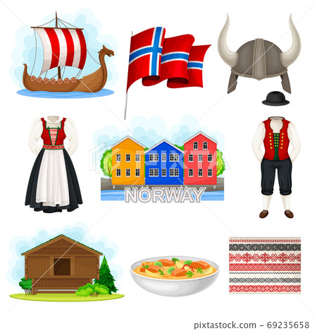 Norway Attributes with Flag on Pole and Colorful Houses Vector Set Norway Attributes with Flag on Pole and Colorful Houses Vector Set 69235658