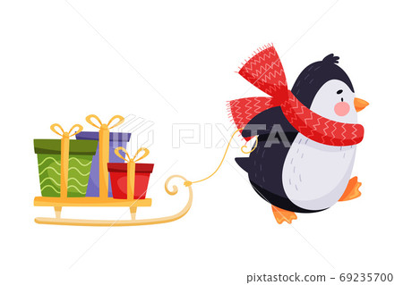 Cute Penguin Pulling Sledge with Gift Boxes Vector Illustration 69235700