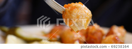 Dish of meatballs mashed potatoes and pickles 69238164
