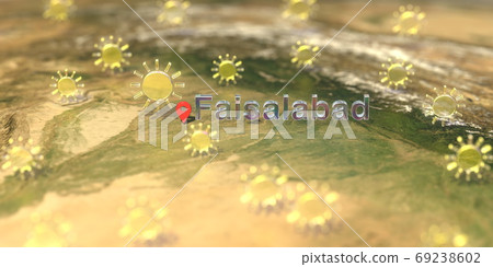 Sunny weather icons near Faisalabad city on the map, weather forecast related 3D rendering Sunny weather icons near Faisalabad city on the map, weather forecast related 3D rendering 69238602