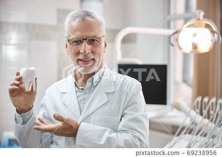 Determined dental specialist demonstrating a tooth model 69238956