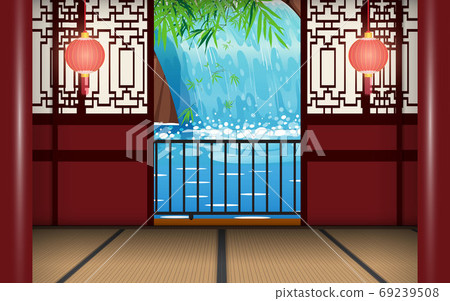 landscape of waterfall at china house on the mountain 69239508