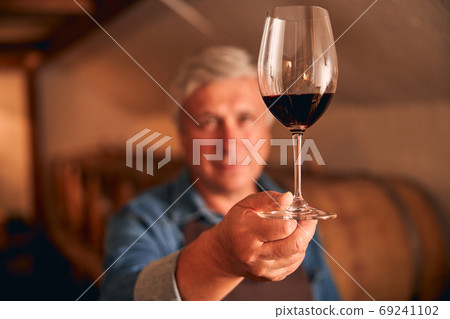 Male winemaker hand holding glass of red wine 69241102