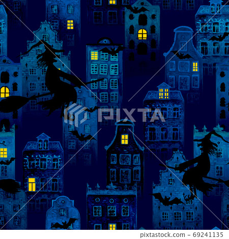 Halloween night city grunge seamless pattern with european old houses, silhouettes of witches flying and bats Halloween night city grunge seamless pattern with european old houses, silhouettes of witches flying and bats 69241135
