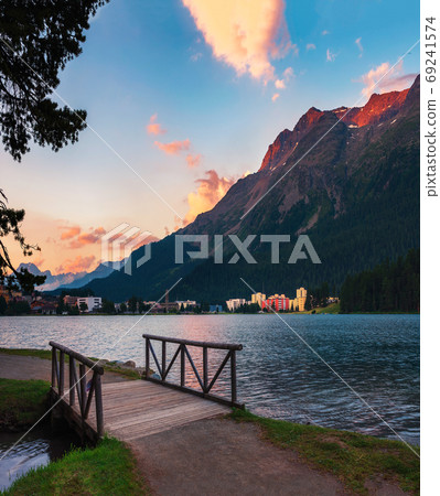 Sunset above St. Moritz with lake and Swiss Alps in Switzerland 69241574