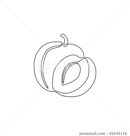 One continuous line drawing of whole and sliced healthy organic plum for orchard logo identity 69243116