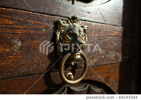 Antique door with a door knocker in the form of a lion's head holding a ring in its teeth. Architecture of old Europe, details 69245084
