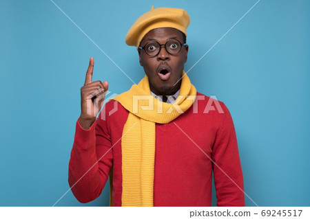 guy makes big eye open mouth raise finger up feels amazed surprised guy makes big eye open mouth raise finger up feels amazed surprised 69245517