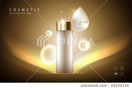 cosmetic product poster, bottle package design with collagen cream or liquid, sparkling background with glitter polka, vector design. cosmetic product poster, bottle package design with collagen cream or liquid, sparkling background with glitter polka, vector design. 69248148