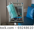 Surgical mask is placed on the medical device. With the patient in the room. 69248610