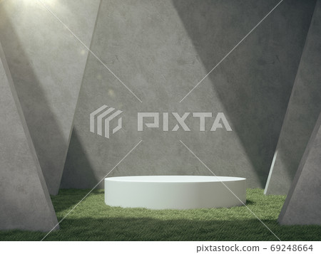 White pedestal for product show in concrete room with lawn. 69248664