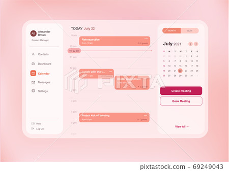 Modern web interface of calendar dashboard with time and meetings schedule and side menu, light pink color scheme Modern web interface of calendar dashboard with time and meetings schedule and side menu, light pink color scheme 69249043